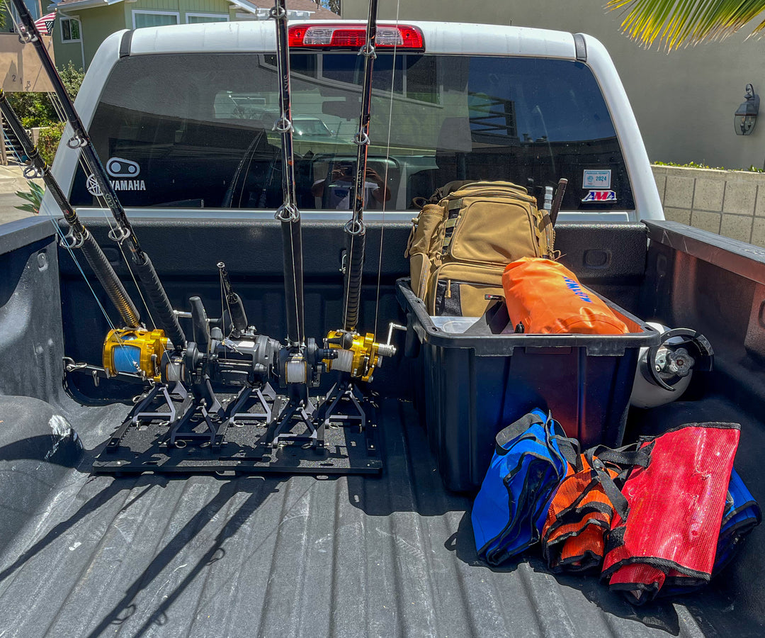 Small fishing rod rack for garage storage, truck transport, and cleaning